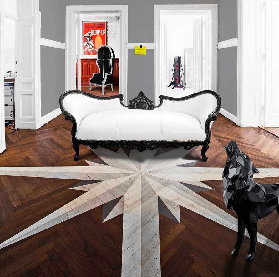 Mix & Match avec du parquet peint associé à un canapé napoléon III et un carrosse Royal Art Palace